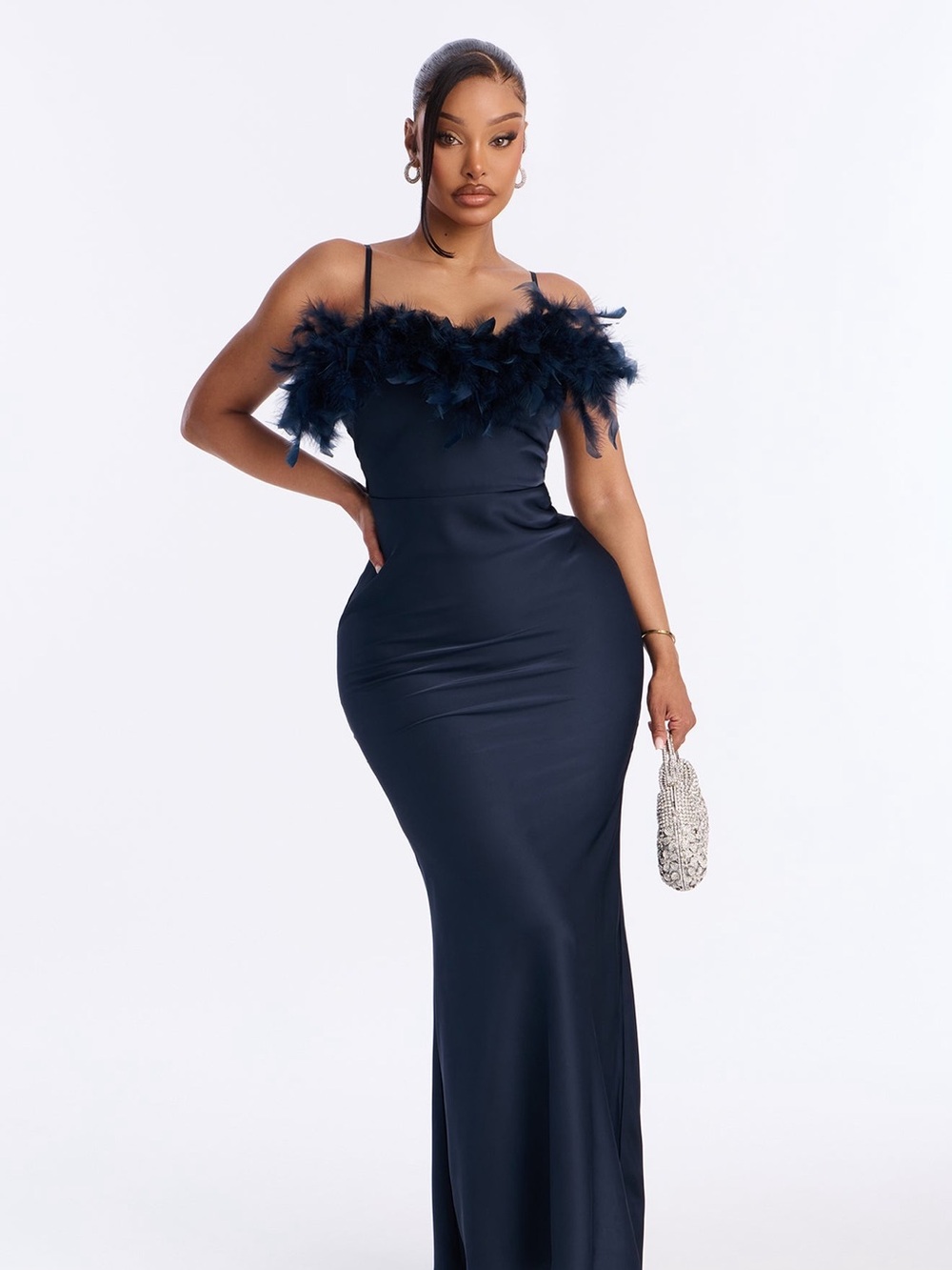 Fashion Nova Navy Feather-Trim Maxi Dress